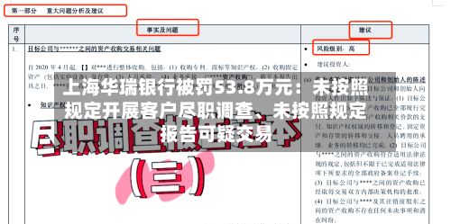 上海华瑞银行被罚53.8万元：未按照规定开展客户尽职调查、未按照规定报告可疑交易