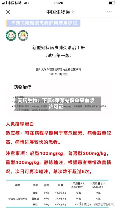 天坛生物：下属4家浆站获单采血浆许可证-第3张图片