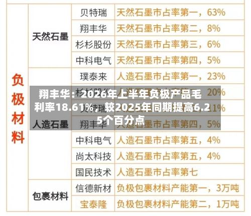 翔丰华:2026年上半年负极产品毛利率18.61%,较2025年同期提高6.25个百分点